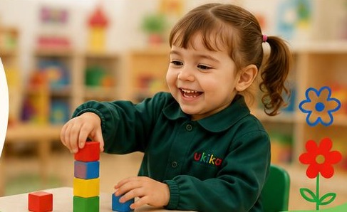 Niña jugando con bloques en sala infantil